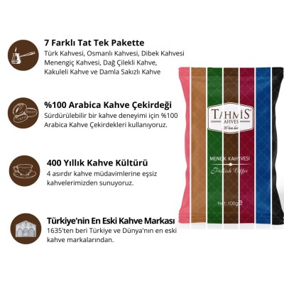 7'li Türk Kahvesi Seti 100 G (Damla Sakızlı-Çilekli-Menengiç-Osmanlı-Dibek-Kakule-Türk) - 3