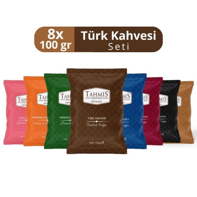 7'li Türk Kahvesi Seti 100 G (Damla Sakızlı-Çilekli-Menengiç-Osmanlı-Dibek-Kakule-Türk) - Tahmis